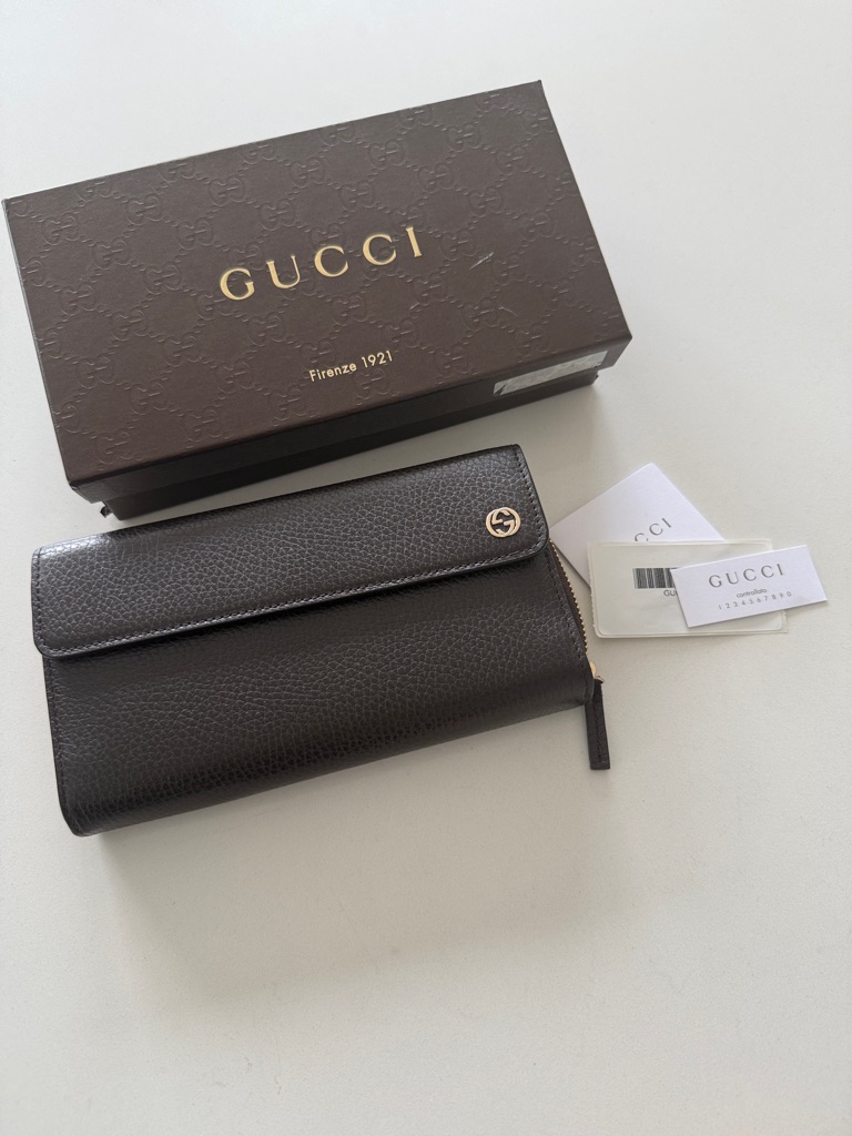 Gucci Dark Brown Pebbled Leather Continental Wallet With Gold Logo